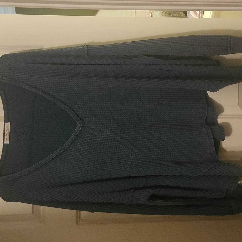 We the Free Blue V-Neck Waffle Knit Top